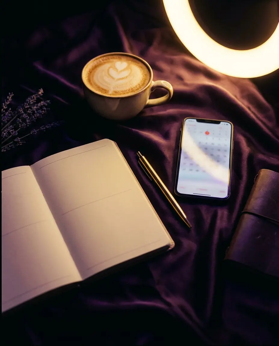A Friday-morning desk: planner, cappuccino and a phone with a softly glowing screen