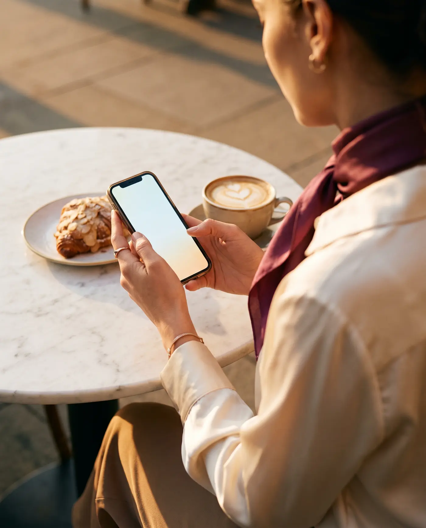 Manicured hands with a gold ring holding a phone over a marble table with a cappuccino